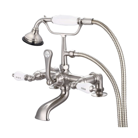 Water Creation F6-0007-02-CL Vintage Classic 7" Spread Deck Mount Tub Faucet With 2" Risers & Handheld Shower in Brushed Nickel Finish, With Porcelain Lever Handles, Hot And Cold Labels Included