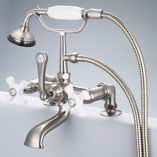 Water Creation F6-0007-02-PX Vintage Classic 7" Spread Deck Mount Tub Faucet With 2" Risers & Handheld Shower in Brushed Nickel Finish, With Porcelain Cross Handles, Hot And Cold Labels Included