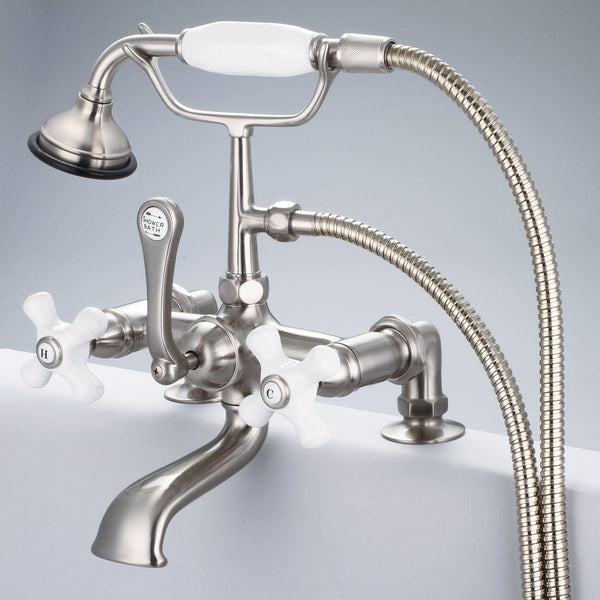 Water Creation F6-0007-02-PX Vintage Classic 7 Spread Deck Mount Tub Faucet With 2 Risers & Handheld Shower in Brushed Nickel Finish, With Porcelain Cross Handles, Hot And Cold Labels Included