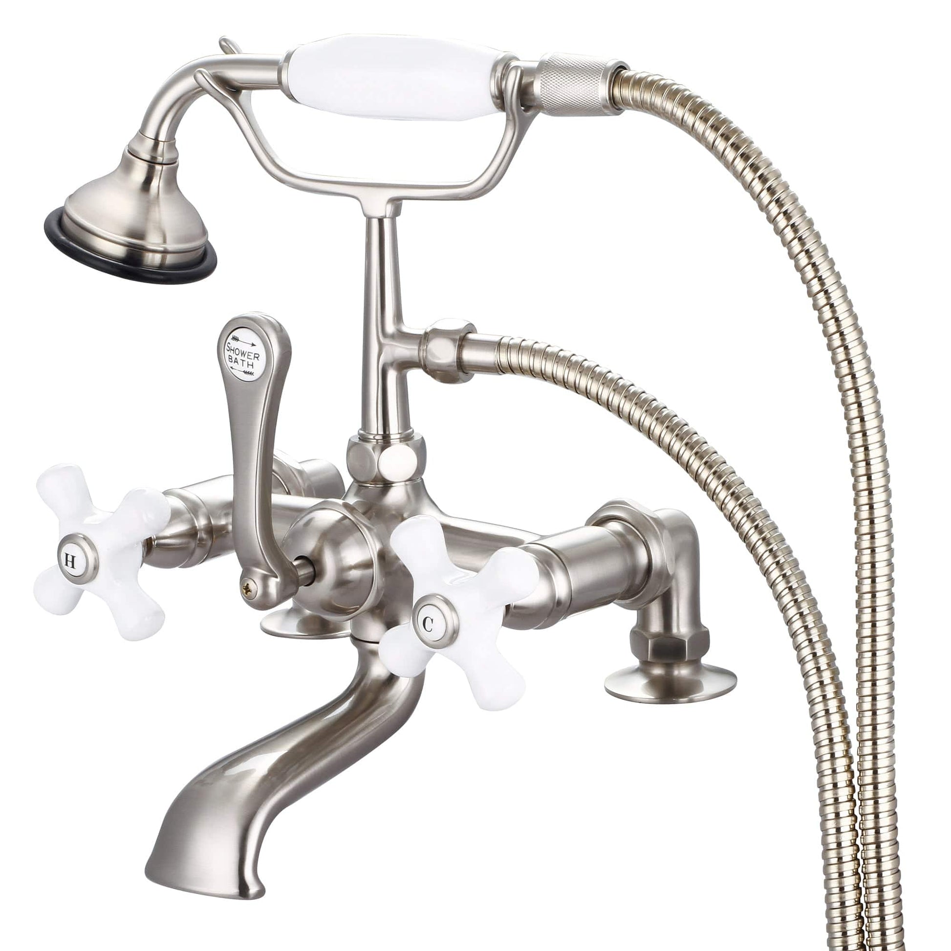Water Creation F6-0007-02-PX Vintage Classic 7" Spread Deck Mount Tub Faucet With 2" Risers & Handheld Shower in Brushed Nickel Finish, With Porcelain Cross Handles, Hot And Cold Labels Included