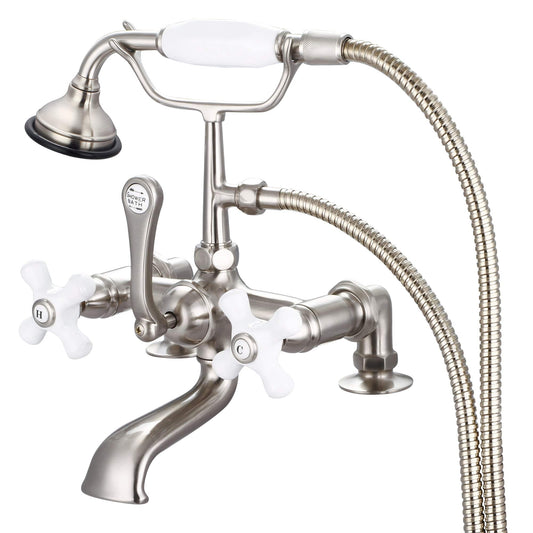 Water Creation F6-0007-02-PX Vintage Classic 7" Spread Deck Mount Tub Faucet With 2" Risers & Handheld Shower in Brushed Nickel Finish, With Porcelain Cross Handles, Hot And Cold Labels Included