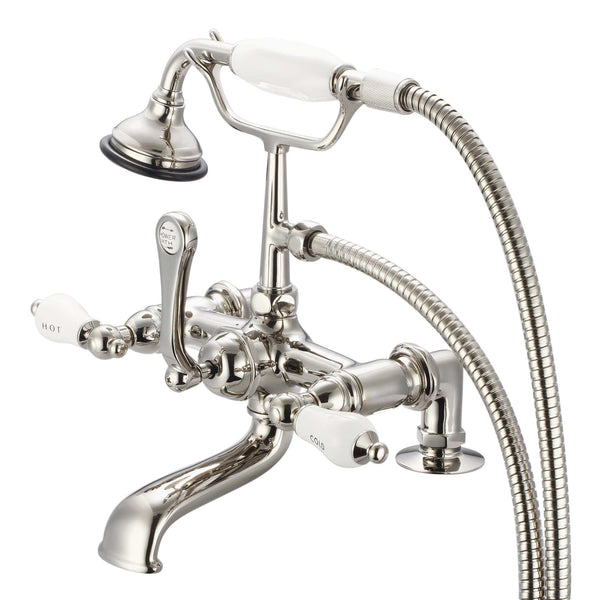 Water Creation F6-0007-05-CL Vintage Classic 7 Spread Deck Mount Tub Faucet With 2 Risers & Handheld Shower in Polished Nickel Finish, With Porcelain Lever Handles, Hot And Cold Labels Included