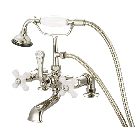 Water Creation F6-0007-05-PX Vintage Classic 7" Spread Deck Mount Tub Faucet With 2" Risers & Handheld Shower in Polished Nickel Finish, With Porcelain Cross Handles, Hot And Cold Labels Included