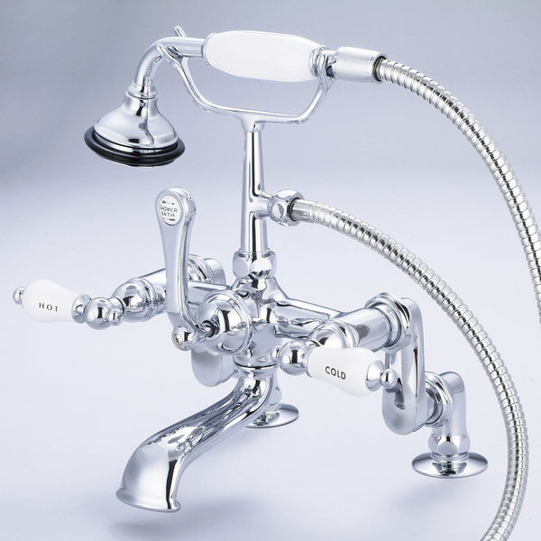 Water Creation F6-0008-01-CL Vintage Classic Adjustable Center Deck Mount Tub Faucet With Handheld Shower in Chrome Finish, With Porcelain Lever Handles, Hot And Cold Labels Included