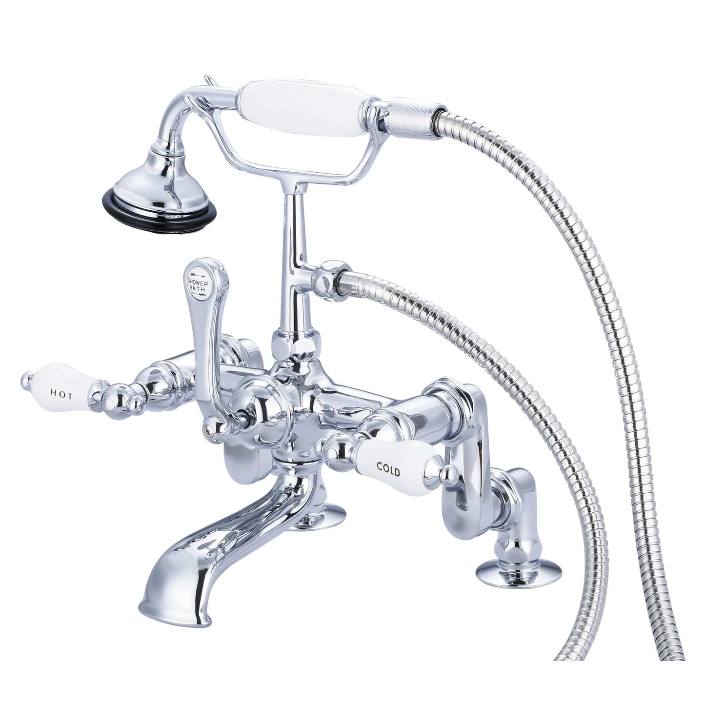 Water Creation F6-0008-01-CL Vintage Classic Adjustable Center Deck Mount Tub Faucet With Handheld Shower in Chrome Finish, With Porcelain Lever Handles, Hot And Cold Labels Included