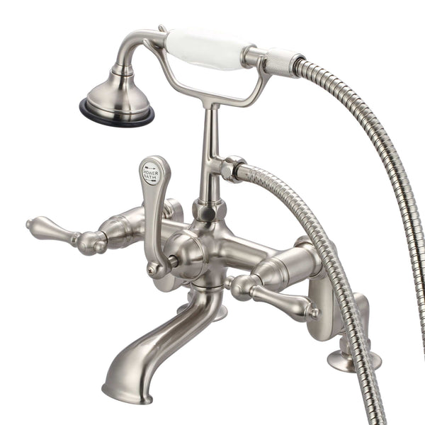 Water Creation F6-0008-02-AL Vintage Classic Adjustable Center Deck Mount Tub Faucet With Handheld Shower in Brushed Nickel Finish, With Metal Lever Handles Without Labels (B)