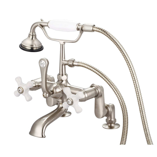 Water Creation F6-0008-02-PX Vintage Classic Adjustable Center Deck Mount Tub Faucet With Handheld Shower in Brushed Nickel Finish, With Porcelain Cross Handles, Hot And Cold Labels Included (B)