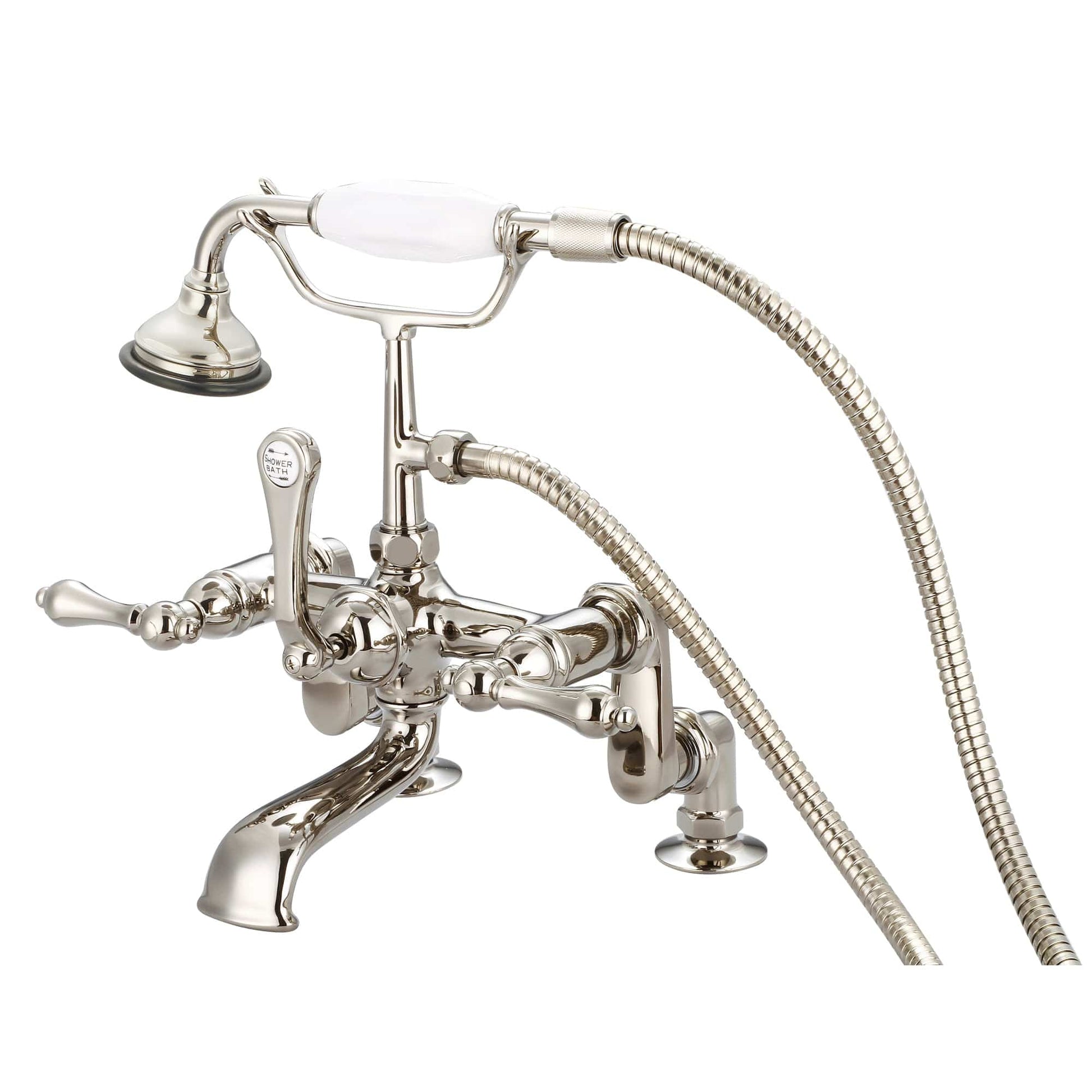 Water Creation F6-0008-05-AL Vintage Classic Adjustable Center Deck Mount Tub Faucet With Handheld Shower in Polished Nickel Finish, With Metal Lever Handles Without Labels (B)