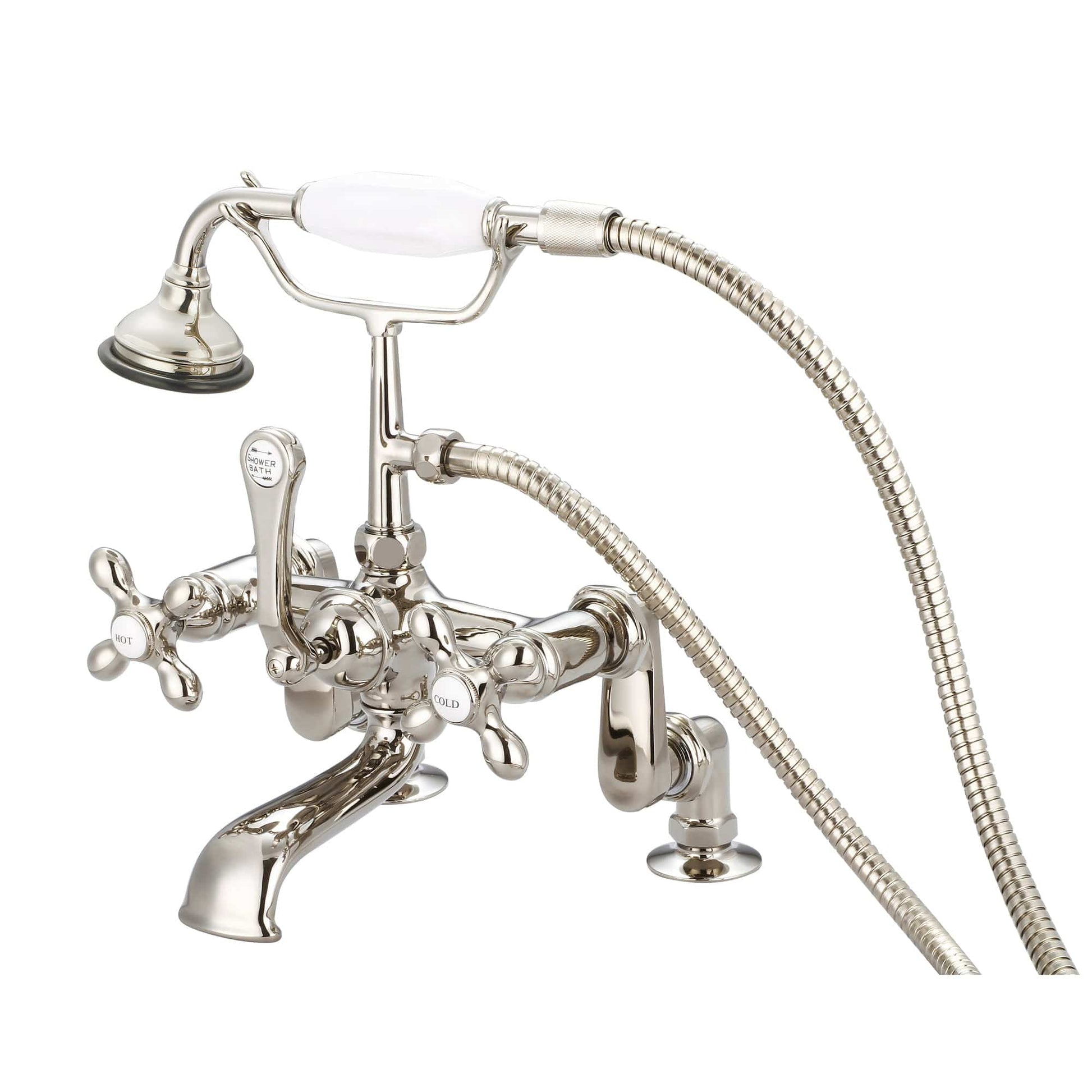 Water Creation F6-0008-05-AX Vintage Classic Adjustable Center Deck Mount Tub Faucet With Handheld Shower in Polished Nickel Finish, With Metal Lever Handles, Hot And Cold Labels Included (B)