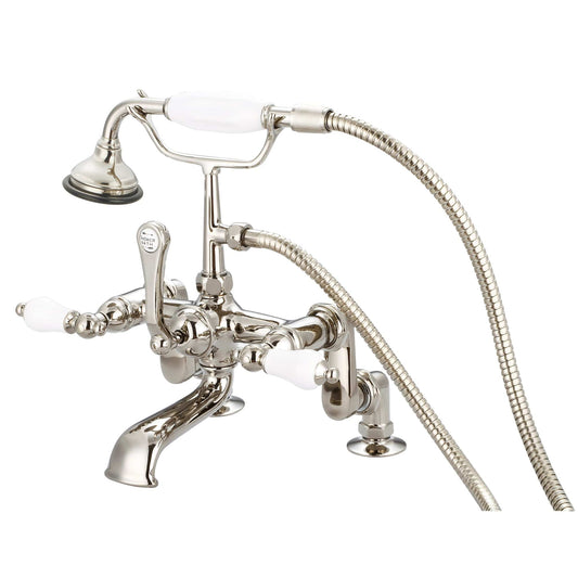 Water Creation F6-0008-05-PL Vintage Classic Adjustable Center Deck Mount Tub Faucet With Handheld Shower in Polished Nickel Finish, With Porcelain Lever Handles Without labels (B)