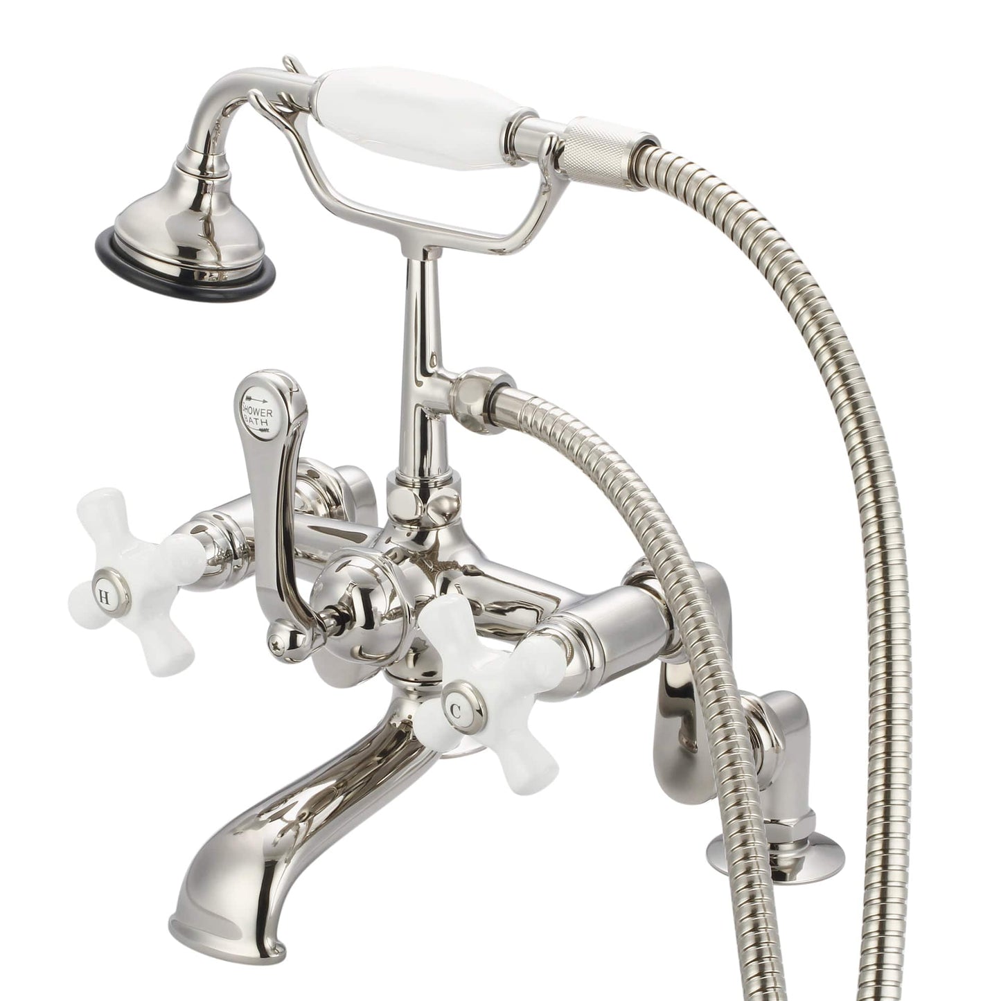 Water Creation F6-0008-05-PX Vintage Classic Adjustable Center Deck Mount Tub Faucet With Handheld Shower in Polished Nickel Finish, With Porcelain Cross Handles, Hot And Cold Labels Included (B)