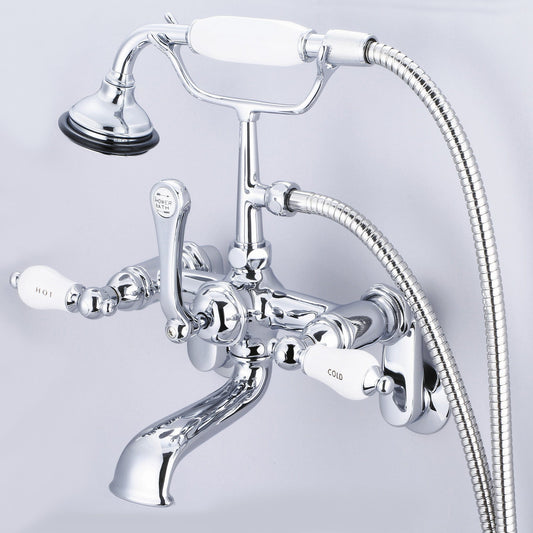 Water Creation F6-0009-01-CL Vintage Classic Adjustable Center Wall Mount Tub Faucet With Swivel Wall Connector & Handheld Shower in Chrome Finish, With Porcelain Lever Handles, Hot And Cold Labels Included