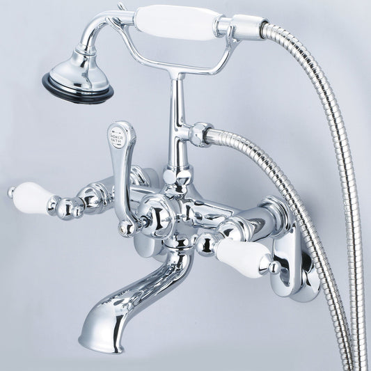Water Creation F6-0009-01-PL Vintage Classic Adjustable Center Wall Mount Tub Faucet With Swivel Wall Connector & Handheld Shower in Chrome Finish, With Porcelain Lever Handles Without labels