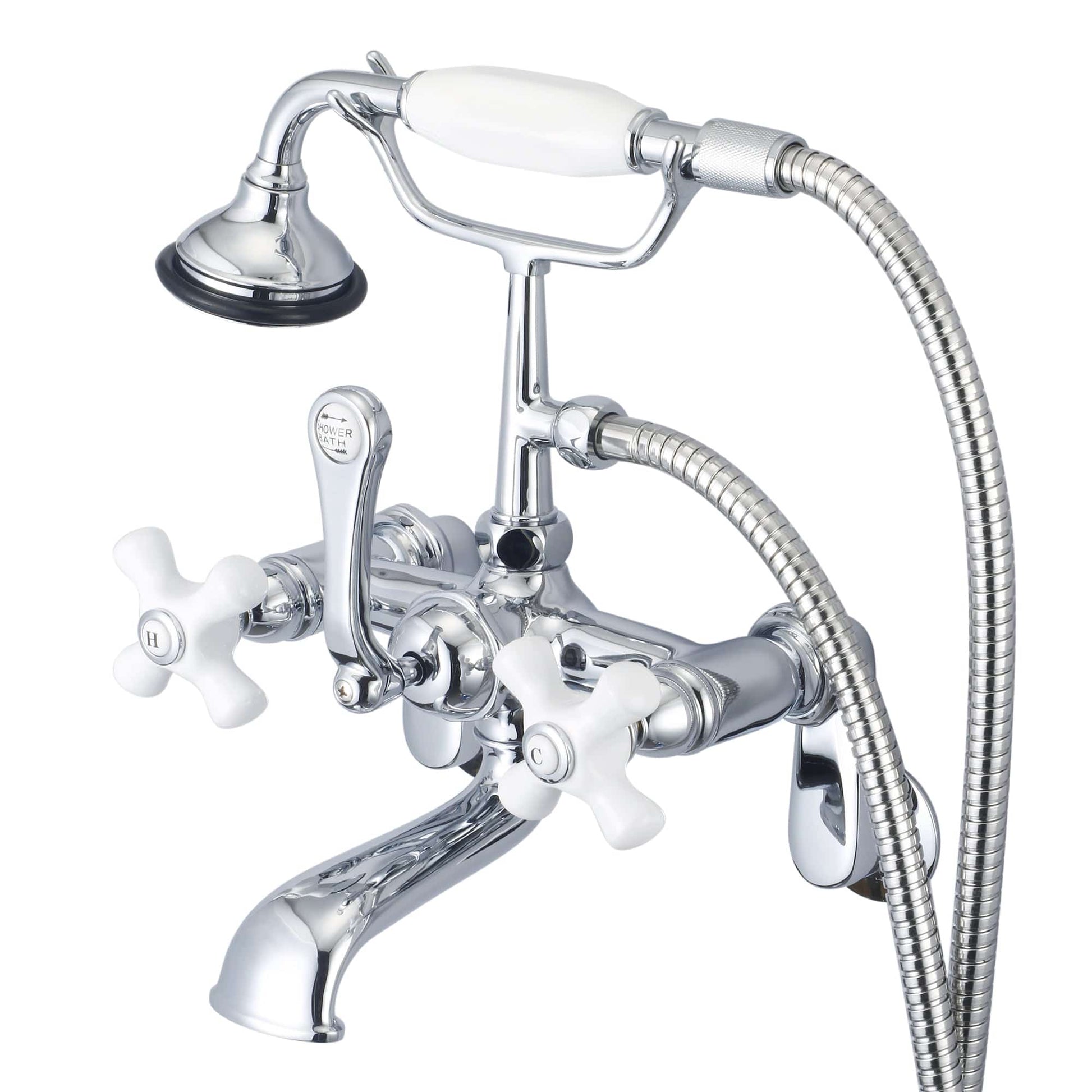 Water Creation F6-0009-01-PX Vintage Classic Adjustable Center Wall Mount Tub Faucet With Swivel Wall Connector & Handheld Shower in Chrome Finish, With Porcelain Cross Handles, Hot And Cold Labels Included