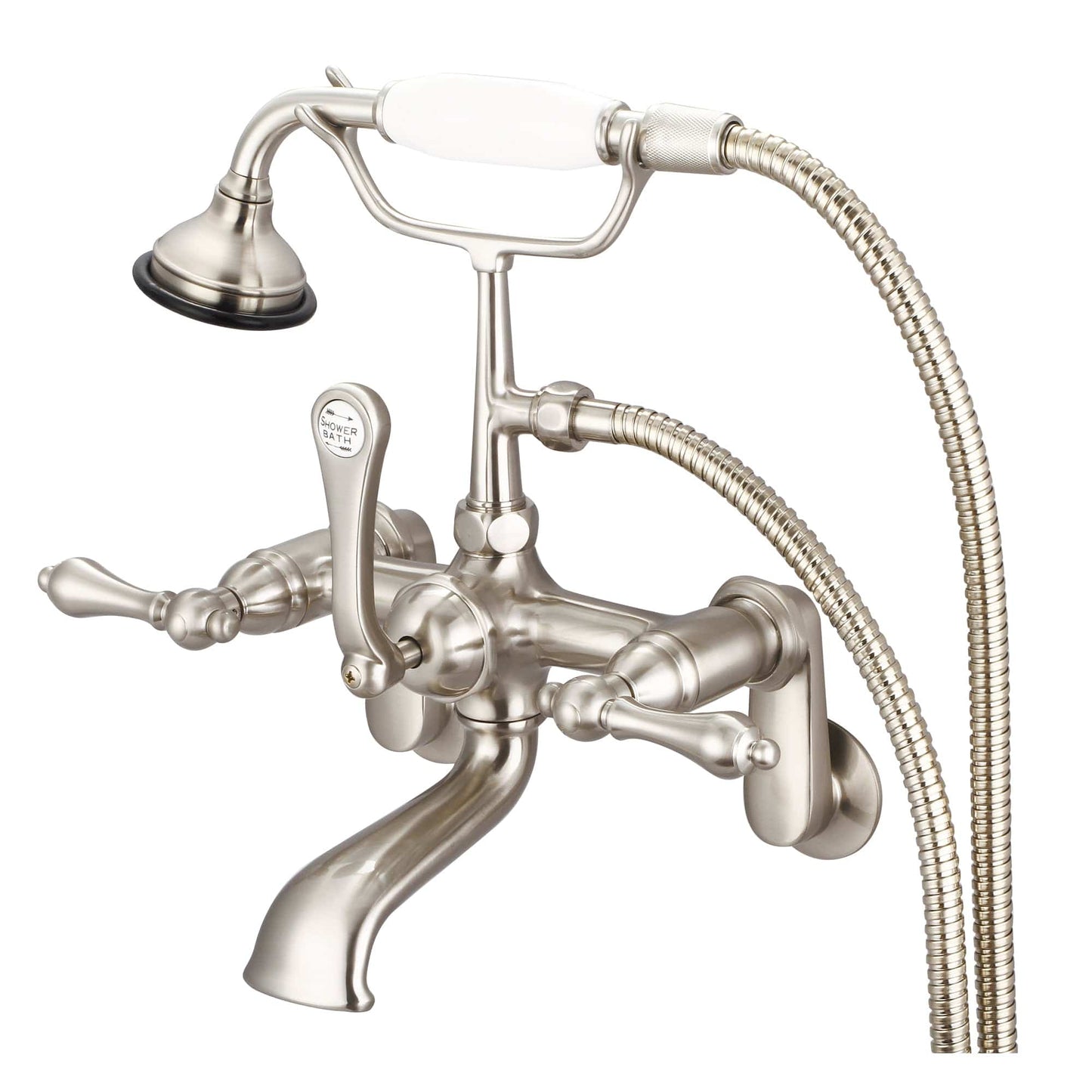 Water Creation F6-0009-02-AL Vintage Classic Adjustable Center Wall Mount Tub Faucet With Swivel Wall Connector & Handheld Shower in Brushed Nickel Finish, With Metal Lever Handles Without Labels