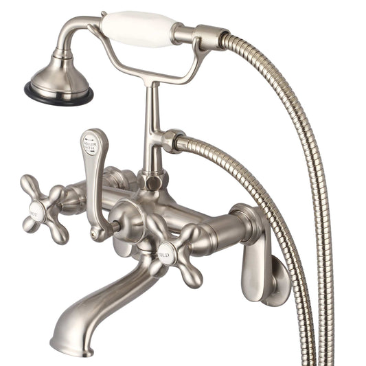 Water Creation F6-0009-02-AX Vintage Classic Adjustable Center Wall Mount Tub Faucet With Swivel Wall Connector & Handheld Shower in Brushed Nickel Finish, With Metal Lever Handles, Hot And Cold Labels Included