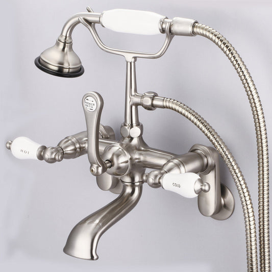 Water Creation F6-0009-02-CL Vintage Classic Adjustable Center Wall Mount Tub Faucet With Swivel Wall Connector & Handheld Shower in Brushed Nickel Finish, With Porcelain Lever Handles, Hot And Cold Labels Included