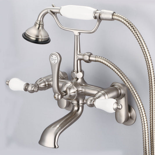 Water Creation F6-0009-02-PL Vintage Classic Adjustable Center Wall Mount Tub Faucet With Swivel Wall Connector & Handheld Shower in Brushed Nickel Finish, With Porcelain Lever Handles Without labels