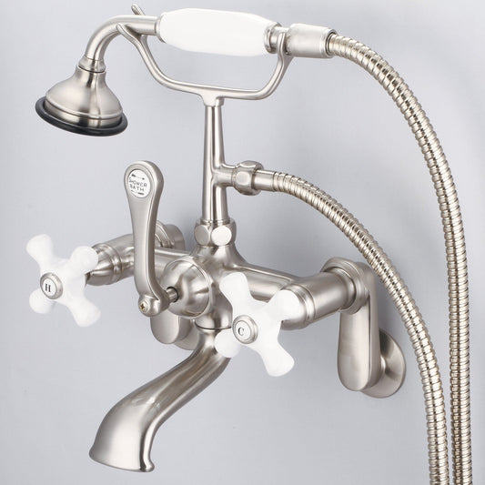 Water Creation F6-0009-02-PX Vintage Classic Adjustable Center Wall Mount Tub Faucet With Swivel Wall Connector & Handheld Shower in Brushed Nickel Finish, With Porcelain Cross Handles, Hot And Cold Labels Included