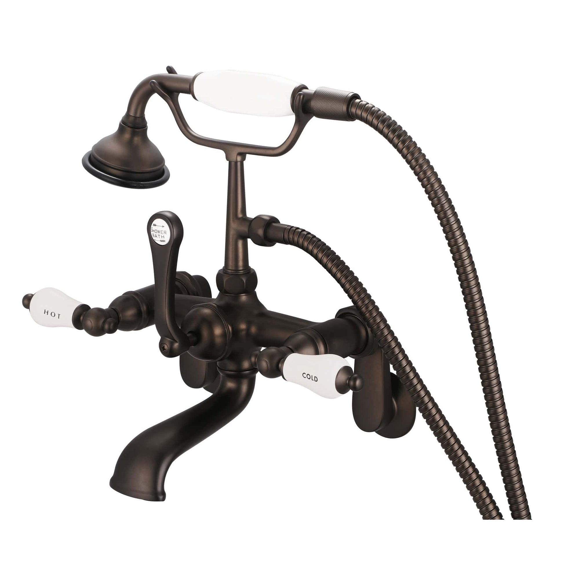 Water Creation F6-0009-03-CL Vintage Classic Adjustable Center Wall Mount Tub Faucet With Swivel Wall Connector & Handheld Shower in Oil Rubbed Bronze Finish, With Porcelain Lever Handles, Hot And Cold Labels Included
