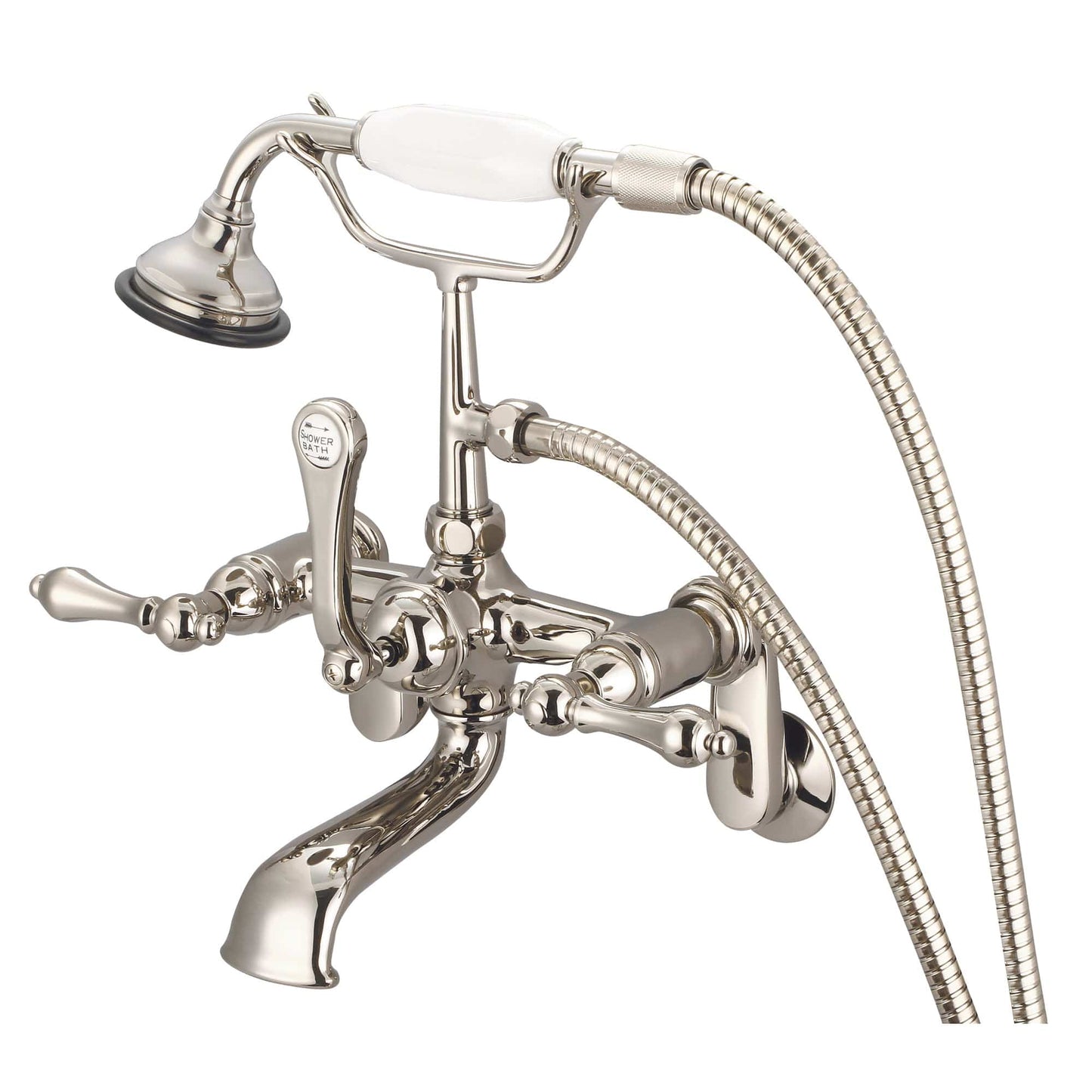 Water Creation F6-0009-05-AL Vintage Classic Adjustable Center Wall Mount Tub Faucet With Swivel Wall Connector & Handheld Shower in Polished Nickel Finish, With Metal Lever Handles Without Labels