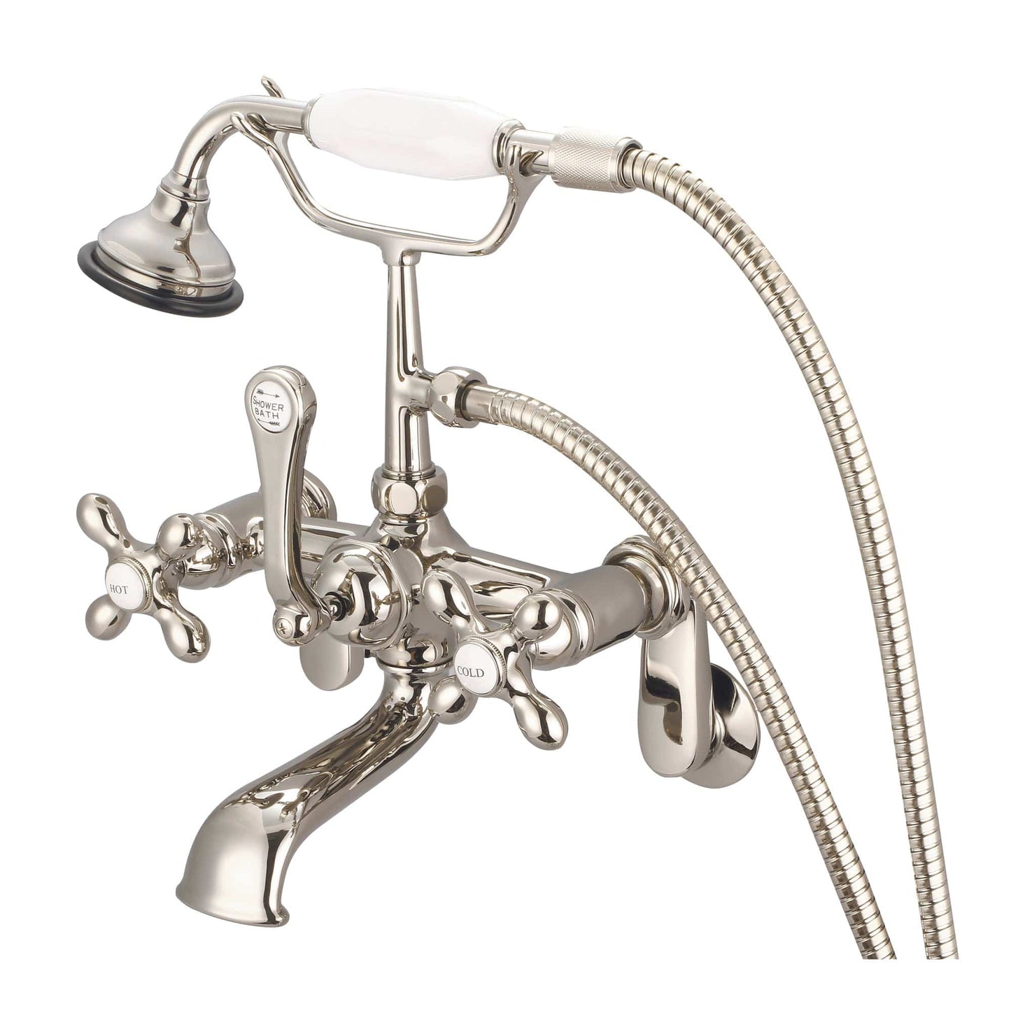 Water Creation F6-0009-05-AX Vintage Classic Adjustable Center Wall Mount Tub Faucet With Swivel Wall Connector & Handheld Shower in Polished Nickel Finish, With Metal Lever Handles, Hot And Cold Labels Included