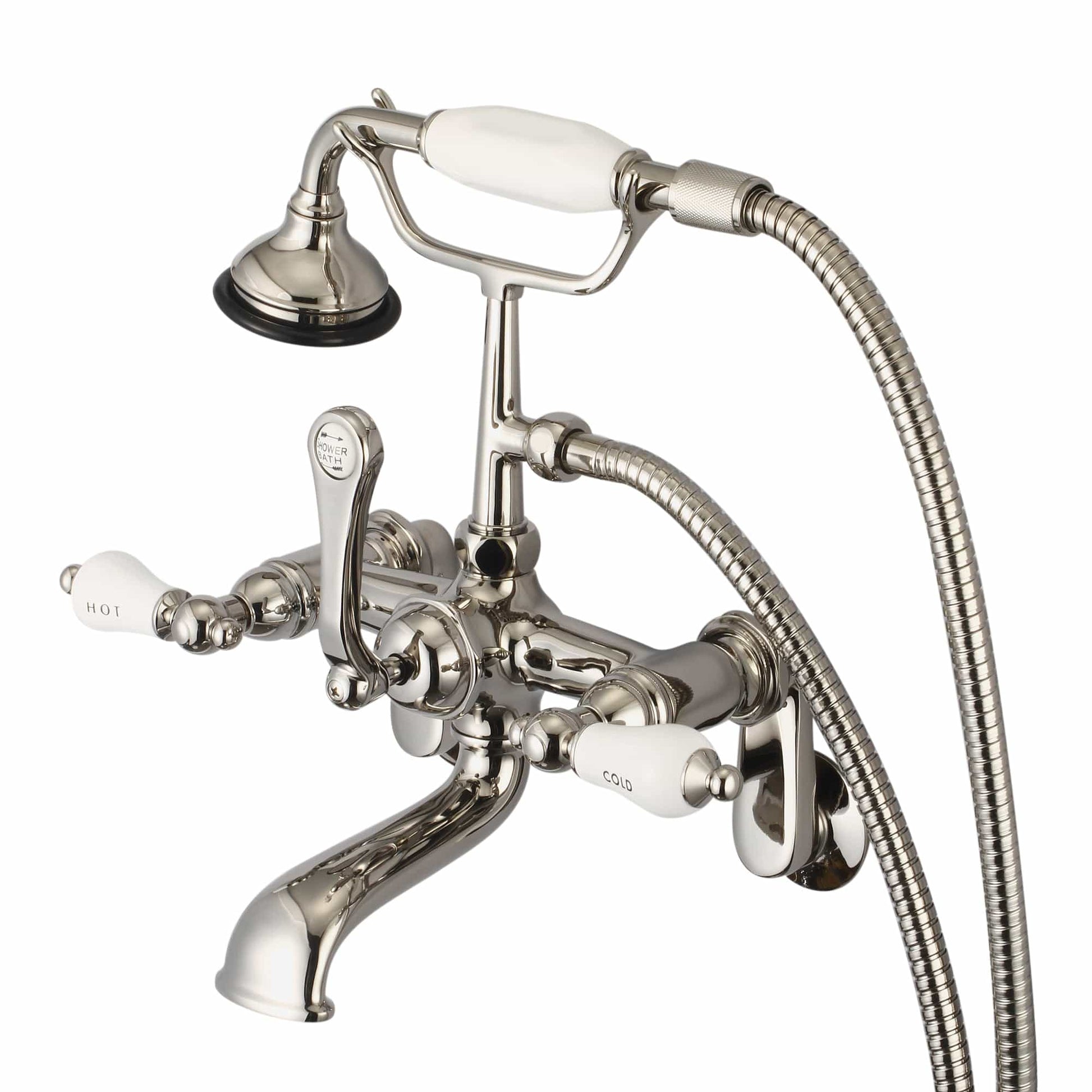 Water Creation F6-0009-05-CL Vintage Classic Adjustable Center Wall Mount Tub Faucet With Swivel Wall Connector & Handheld Shower in Polished Nickel Finish, With Porcelain Lever Handles, Hot And Cold Labels Included