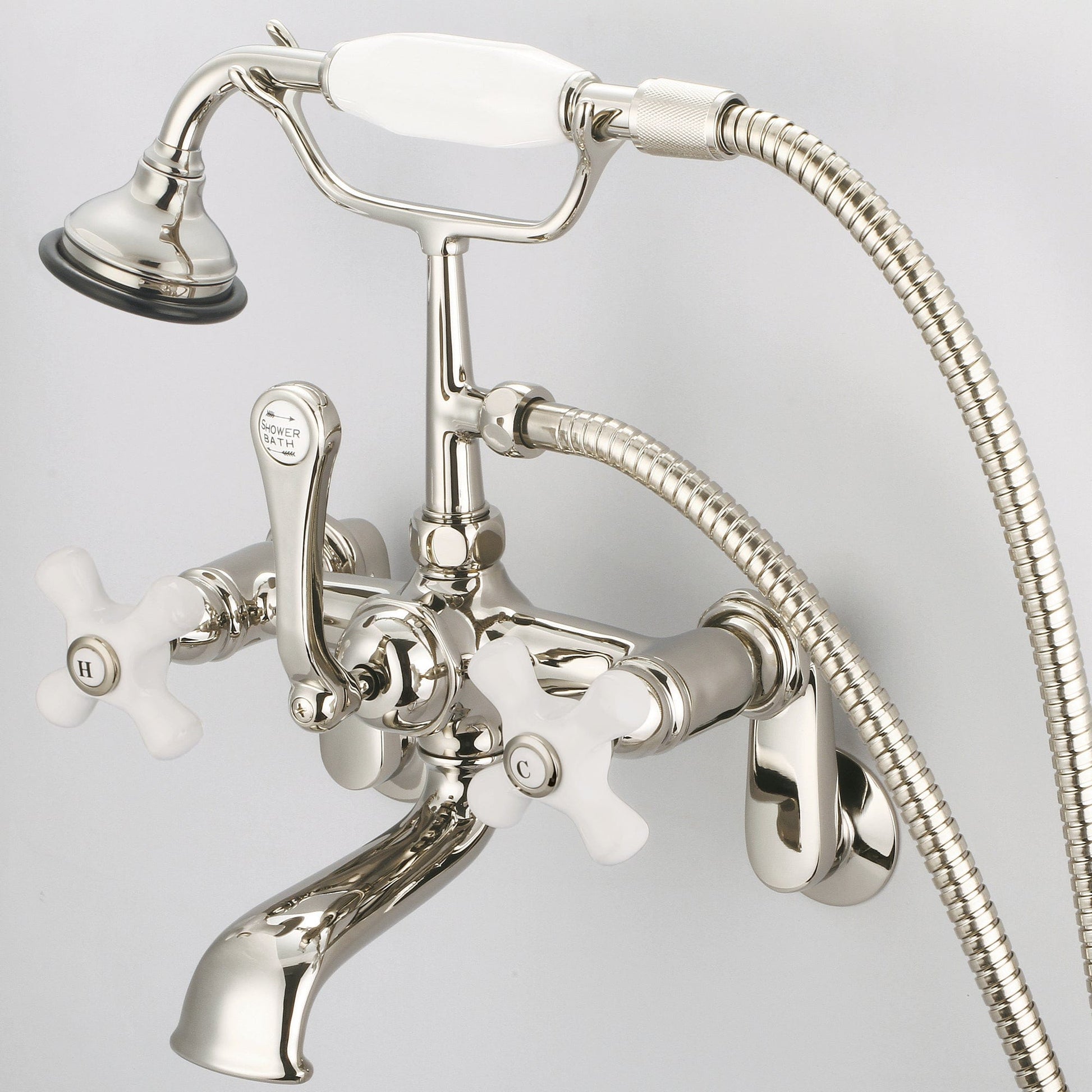 Water Creation F6-0009-05-PX Vintage Classic Adjustable Center Wall Mount Tub Faucet With Swivel Wall Connector & Handheld Shower in Polished Nickel Finish, With Porcelain Cross Handles, Hot And Cold Labels Included
