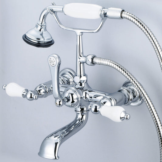 Water Creation F6-0010-01-PL Vintage Classic 7" Spread Wall Mount Tub Faucet With Straight Wall Connector & Handheld Shower in Chrome Finish, With Porcelain Lever Handles Without labels
