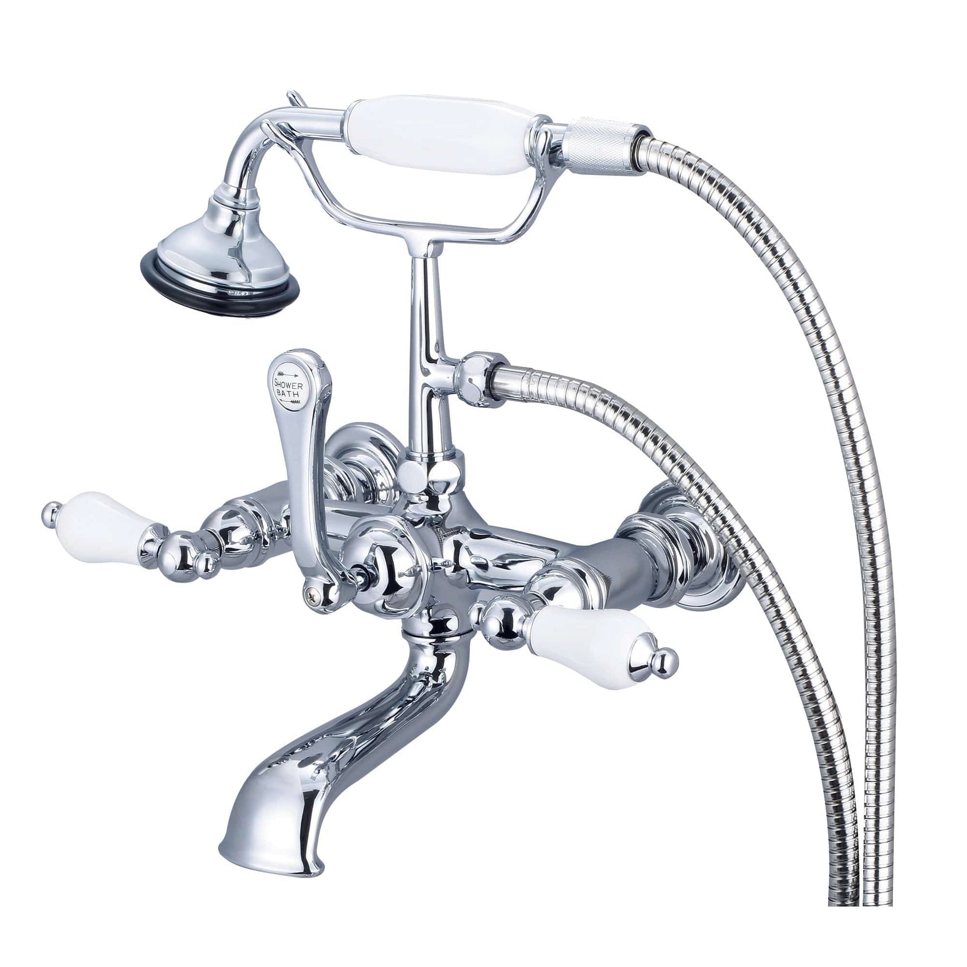 Water Creation F6-0010-01-PL Vintage Classic 7" Spread Wall Mount Tub Faucet With Straight Wall Connector & Handheld Shower in Chrome Finish, With Porcelain Lever Handles Without labels