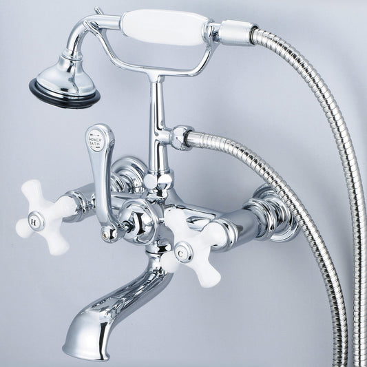 Water Creation F6-0010-01-PX Vintage Classic 7" Spread Wall Mount Tub Faucet With Straight Wall Connector & Handheld Shower in Chrome Finish, With Porcelain Cross Handles, Hot And Cold Labels Included