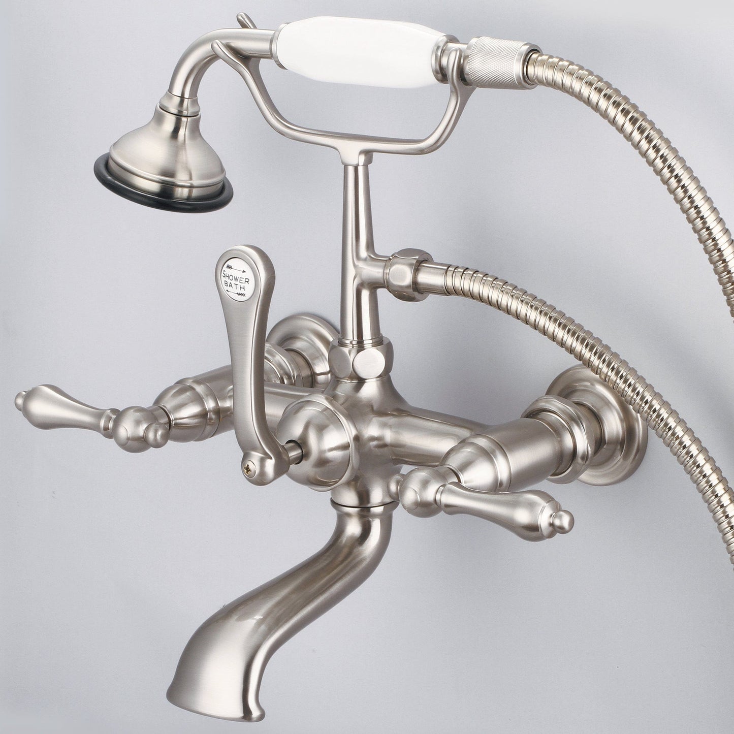 Water Creation F6-0010-02-AL Vintage Classic 7" Spread Wall Mount Tub Faucet With Straight Wall Connector & Handheld Shower in Brushed Nickel Finish, With Metal Lever Handles Without Labels