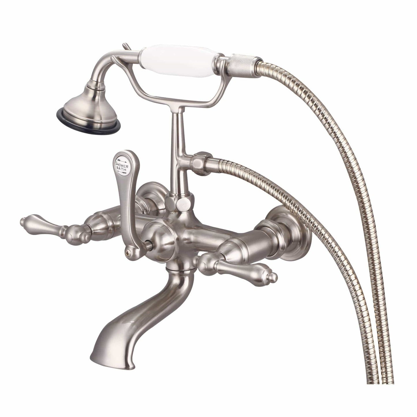 Water Creation F6-0010-02-AL Vintage Classic 7" Spread Wall Mount Tub Faucet With Straight Wall Connector & Handheld Shower in Brushed Nickel Finish, With Metal Lever Handles Without Labels