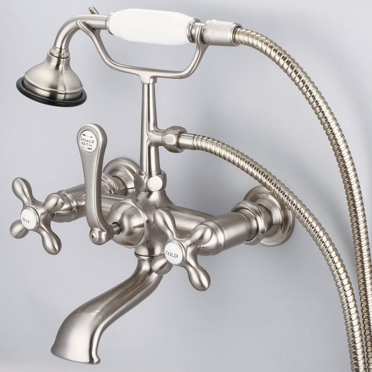 Water Creation F6-0010-02-AX Vintage Classic 7" Spread Wall Mount Tub Faucet With Straight Wall Connector & Handheld Shower in Brushed Nickel Finish, With Metal Lever Handles, Hot And Cold Labels Included