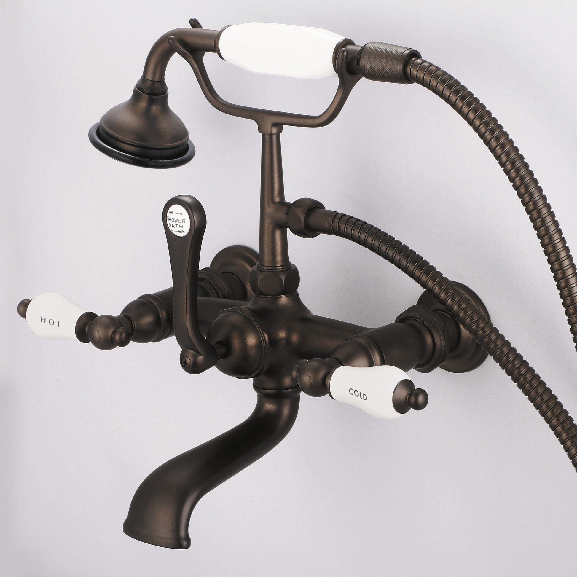 Water Creation F6-0010-03-CL Vintage Classic 7" Spread Wall Mount Tub Faucet With Straight Wall Connector & Handheld Shower in Oil Rubbed Bronze Finish, With Porcelain Lever Handles, Hot And Cold Labels Included