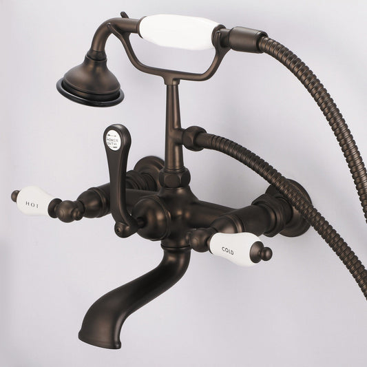 Water Creation F6-0010-03-CL Vintage Classic 7" Spread Wall Mount Tub Faucet With Straight Wall Connector & Handheld Shower in Oil Rubbed Bronze Finish, With Porcelain Lever Handles, Hot And Cold Labels Included