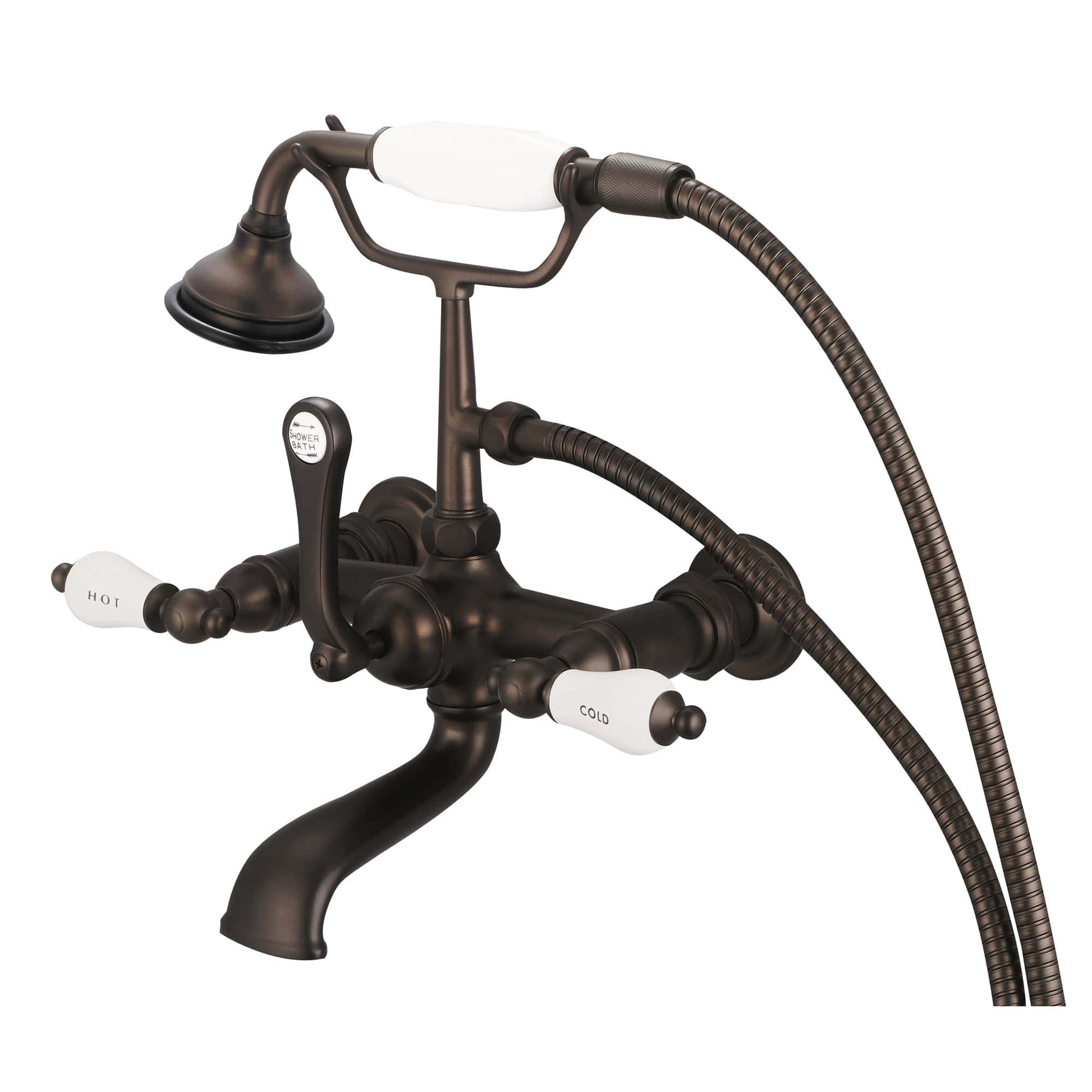 Water Creation F6-0010-03-CL Vintage Classic 7" Spread Wall Mount Tub Faucet With Straight Wall Connector & Handheld Shower in Oil Rubbed Bronze Finish, With Porcelain Lever Handles, Hot And Cold Labels Included