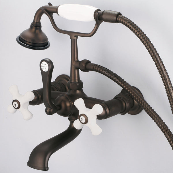 Water Creation F6-0010-03-PX Vintage Classic 7 Spread Wall Mount Tub Faucet With Straight Wall Connector & Handheld Shower in Oil Rubbed Bronze Finish, With Porcelain Cross Handles, Hot And Cold Labels Included
