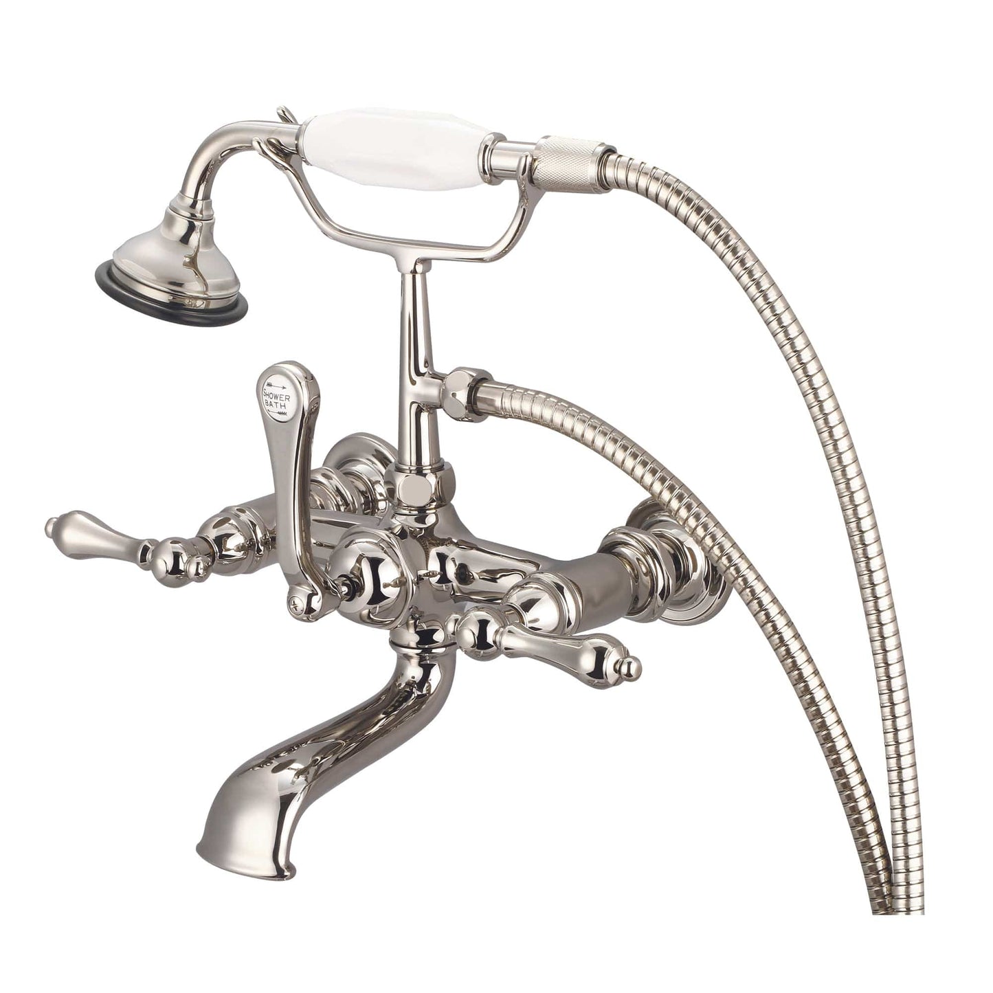 Water Creation F6-0010-05-AL Vintage Classic 7" Spread Wall Mount Tub Faucet With Straight Wall Connector & Handheld Shower in Polished Nickel Finish, With Metal Lever Handles Without Labels