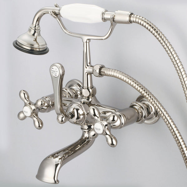 Water Creation F6-0010-05-AX Vintage Classic 7 Spread Wall Mount Tub Faucet With Straight Wall Connector & Handheld Shower in Polished Nickel Finish, With Metal Lever Handles, Hot And Cold Labels Included