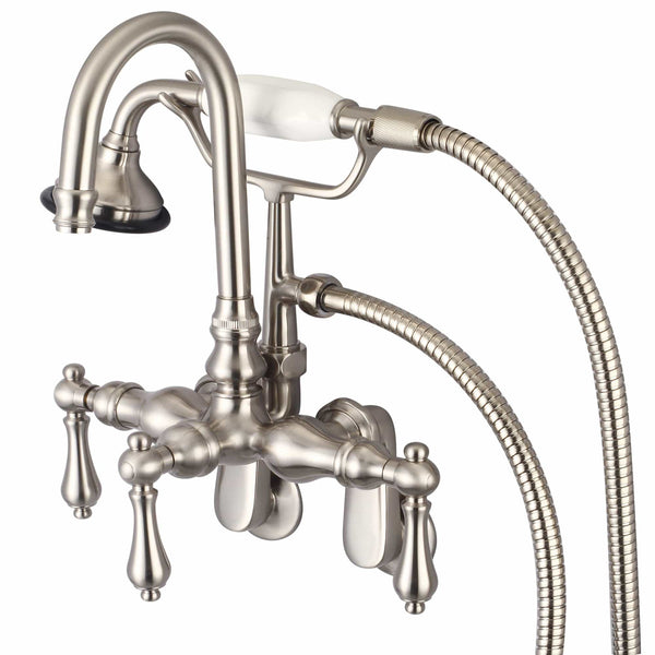 Water Creation F6-0011-02-AL Vintage Classic Adjustable Spread Wall Mount Tub Faucet With Gooseneck Spout, Swivel Wall Connector & Handheld Shower in Brushed Nickel Finish, With Metal Lever Handles Without Labels