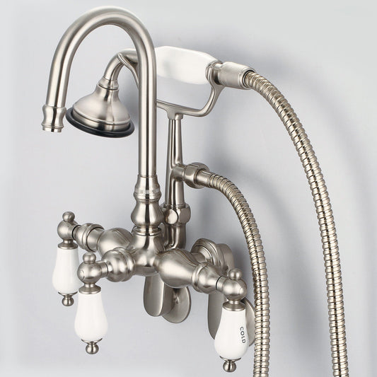 Water Creation F6-0011-02-CL Vintage Classic Adjustable Spread Wall Mount Tub Faucet With Gooseneck Spout, Swivel Wall Connector & Handheld Shower in Brushed Nickel Finish, With Porcelain Lever Handles, Hot And Cold Labels Included