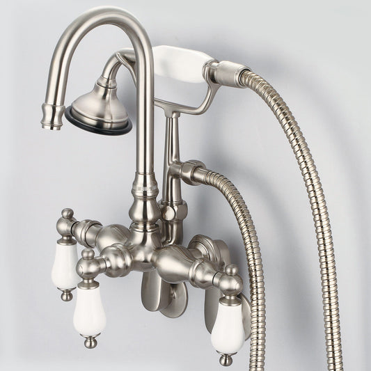 Water Creation F6-0011-02-PL Vintage Classic Adjustable Spread Wall Mount Tub Faucet With Gooseneck Spout, Swivel Wall Connector & Handheld Shower in Brushed Nickel Finish, With Porcelain Lever Handles Without labels