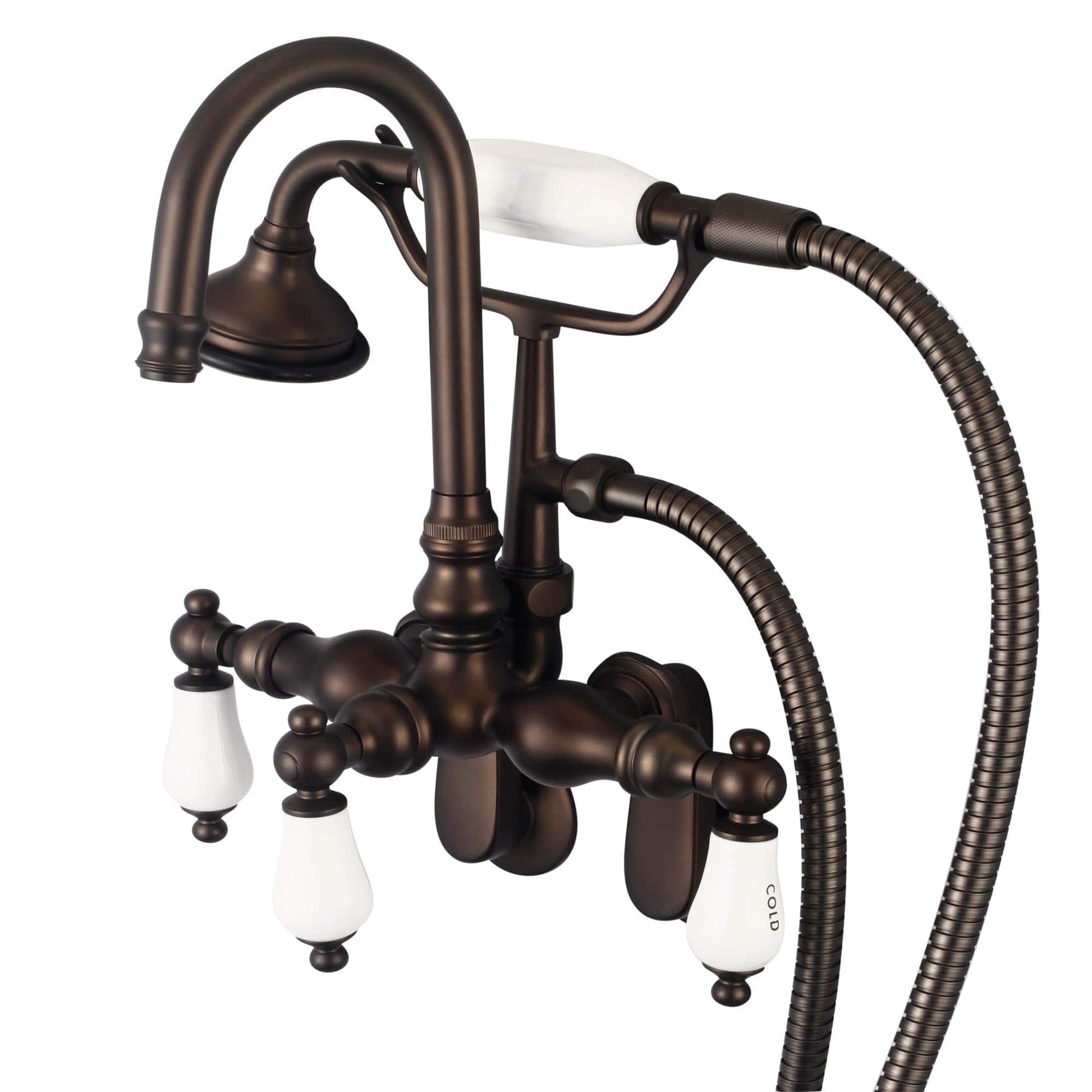 Water Creation F6-0011-03-CL Vintage Classic Adjustable Spread Wall Mount Tub Faucet With Gooseneck Spout, Swivel Wall Connector & Handheld Shower in Oil Rubbed Bronze Finish, With Porcelain Lever Handles, Hot And Cold Labels Included