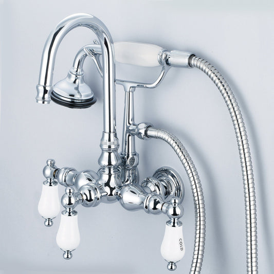 Water Creation F6-0012-01-CL Vintage Classic 3.375" Center Wall Mount Tub Faucet With Gooseneck Spout, Straight Wall Connector & Handheld Shower in Chrome Finish, With Porcelain Lever Handles, Hot And Cold Labels Included