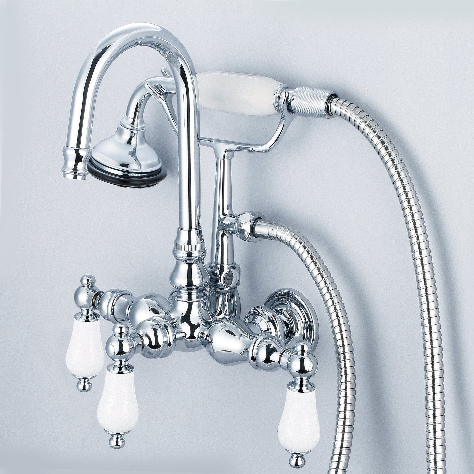 Water Creation F6-0012-01-PL Vintage Classic 3.375" Center Wall Mount Tub Faucet With Gooseneck Spout, Straight Wall Connector & Handheld Shower in Chrome Finish, With Porcelain Lever Handles Without labels