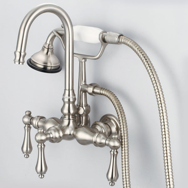 Water Creation F6-0012-02-AL Vintage Classic 3.375 Center Wall Mount Tub Faucet With Gooseneck Spout, Straight Wall Connector & Handheld Shower in Brushed Nickel Finish, With Metal Lever Handles Without Labels