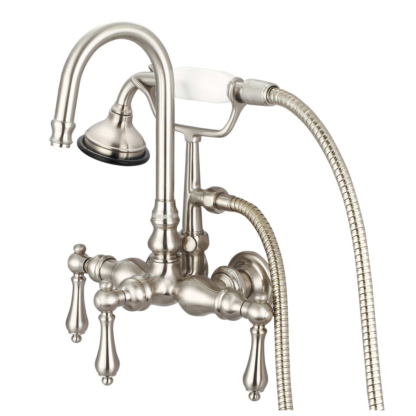 Water Creation F6-0012-02-AL Vintage Classic 3.375" Center Wall Mount Tub Faucet With Gooseneck Spout, Straight Wall Connector & Handheld Shower in Brushed Nickel Finish, With Metal Lever Handles Without Labels