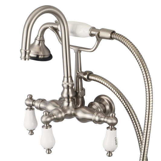 Water Creation F6-0012-02-CL Vintage Classic 3.375" Center Wall Mount Tub Faucet With Gooseneck Spout, Straight Wall Connector & Handheld Shower in Brushed Nickel Finish, With Porcelain Lever Handles, Hot And Cold Labels Included