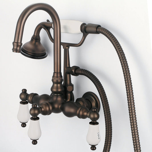 Water Creation F6-0012-03-CL Vintage Classic 3.375" Center Wall Mount Tub Faucet With Gooseneck Spout, Straight Wall Connector & Handheld Shower in Oil Rubbed Bronze Finish, With Porcelain Lever Handles, Hot And Cold Labels Included